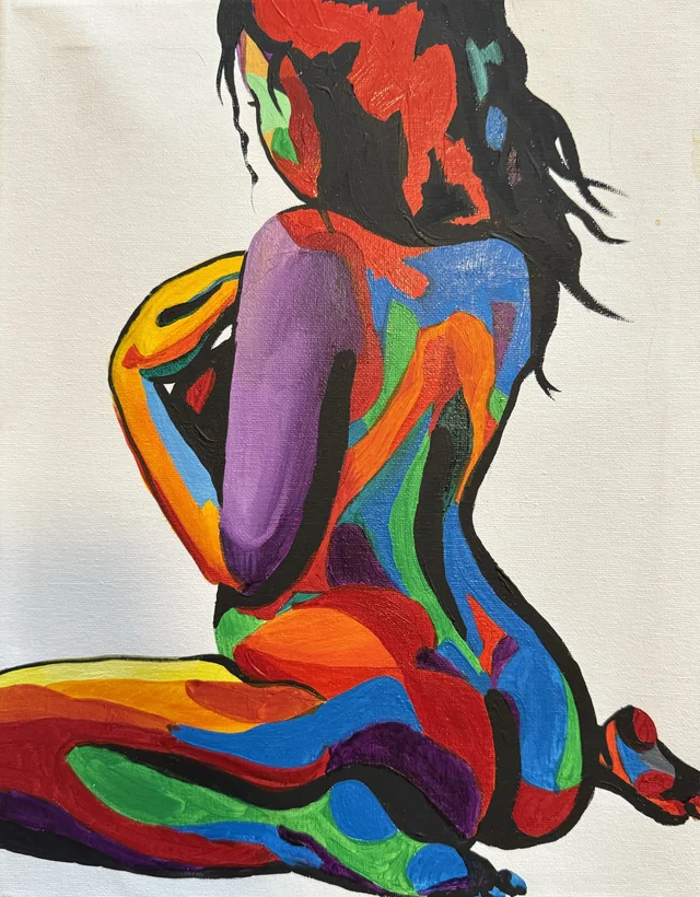 Seated figure painted in vivid flowing colors