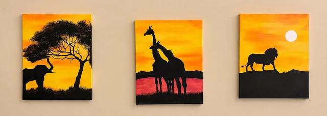 Three sunset paintings featuring an elephant beneath a tree, giraffes, and a lion