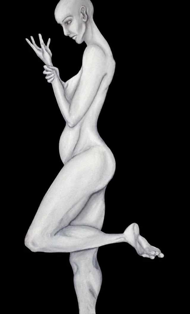 Monochrome figure study against a black background