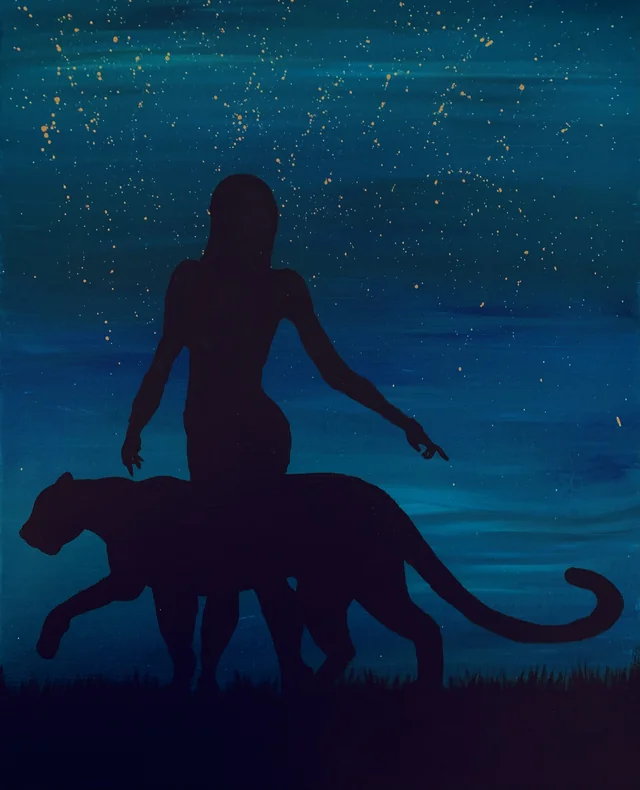 Painting of a silhouetted figure and a large cat beneath a blue, star-filled sky